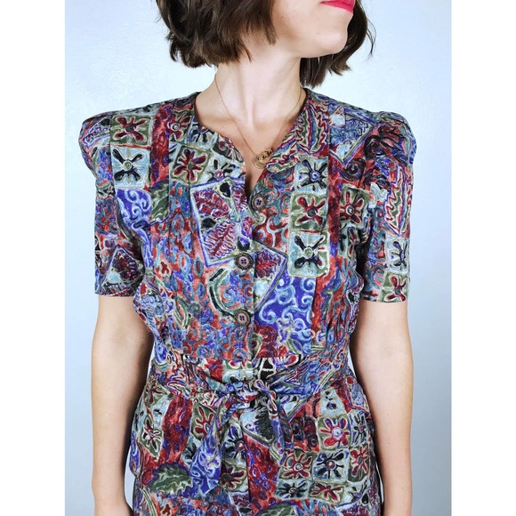 vintage 90s bold ABSTRACT PRINT Puff Sleeve JUMPSUIT xs/s rayon skinny legs boho - Picture 6 of 10